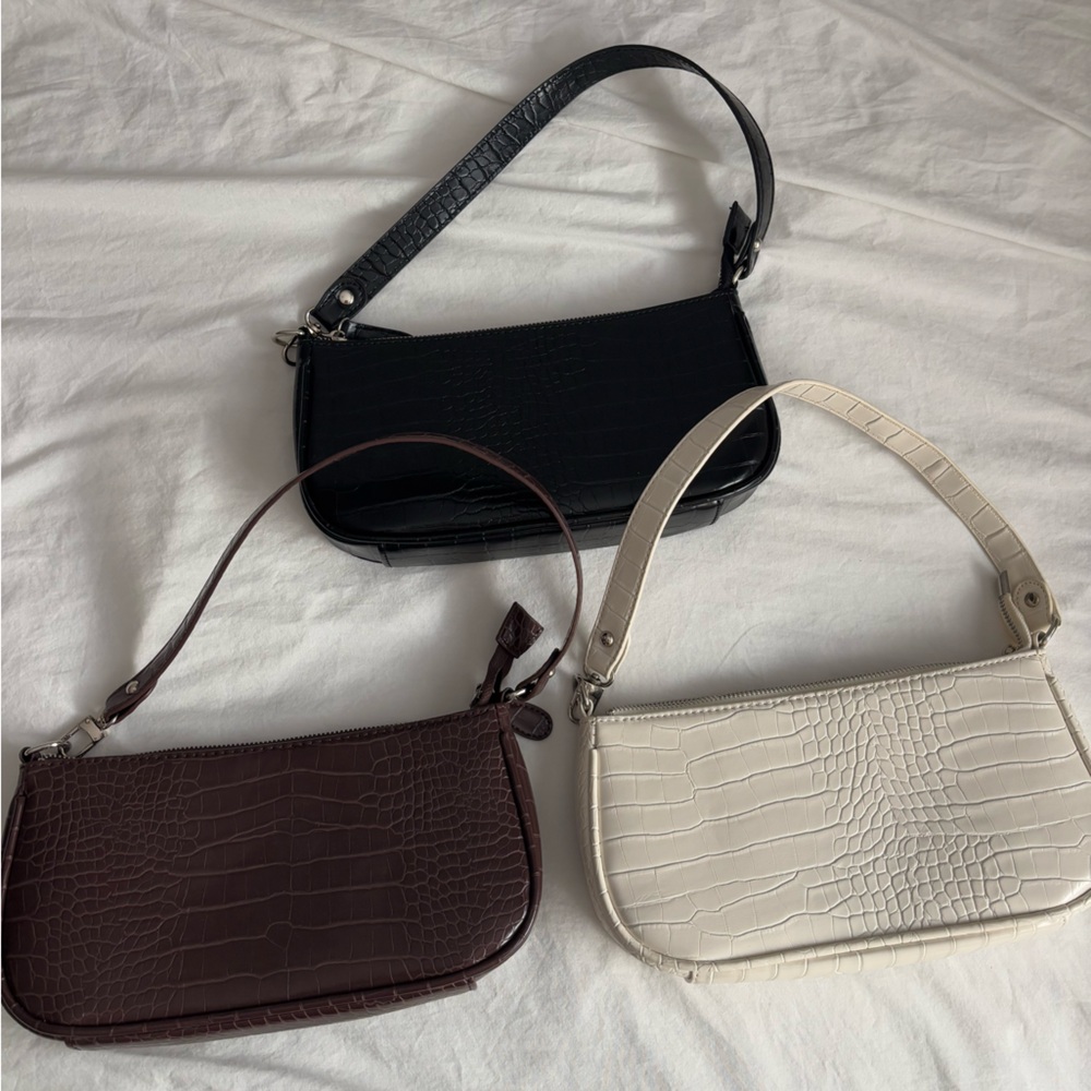 Croc-Embossed Women's Bag Set - Black, White, Brown